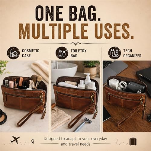 Genuine Leather Makeup Bag Travel Organizer, Premium Handcrafted Cosmetic Pouch with Zipper & Wrist Strap, Durable Toiletry Storage for Women & Men, 5 x 9- Tan - color: Tan Travel Makeup Bag