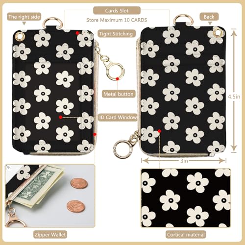 bolimoss Cute Floral Lanyard Wallet and ID Badge Holder with Zipper Pocket Breakaway Phone Wrist Lanyard, RFID Pu Leather Credit Card Holder - color: Beige Groovy Flower