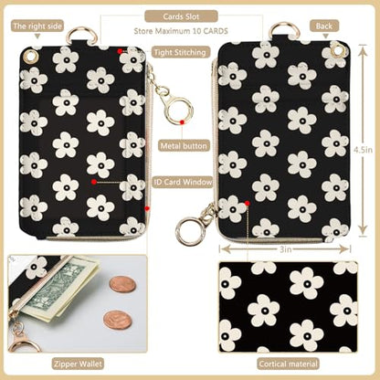 bolimoss Cute Floral Lanyard Wallet and ID Badge Holder with Zipper Pocket Breakaway Phone Wrist Lanyard, RFID Pu Leather Credit Card Holder - color: Beige Groovy Flower
