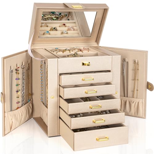 AKOZLIN 6-Tier Jewelry Box Organizer Functional 5 Drawers Leather Jewelry Storage Case for Women Girls Ring Necklace Earring Bracelet Holder Organizer with Mirror Champagne Regular - color: Champagne, size: Regular