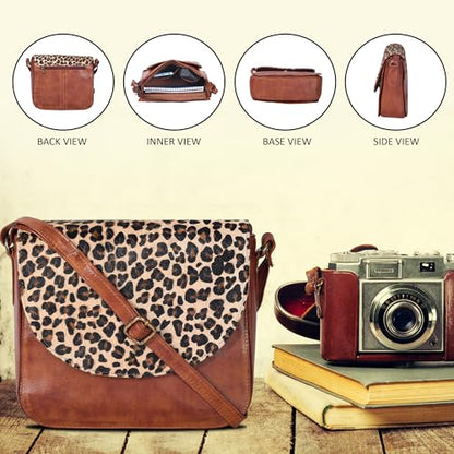 Ozora Genuine Leather Crossbody Bag for Women, Adjustable Strap - color: Tan Wash Cheetah