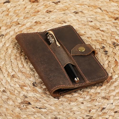 Genuine Leather Refillable Field Notes Cover 3.5 x 5.5" | Handmade Distressed Pocket Journal & Travel Diary Cover with Card Slots, Pen Loop & Passport Pocket Planner Case - color: Brown Field Journal Notebook