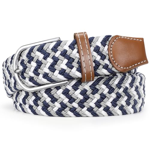 Braided Stretch Belt for Men Elastic Woven Golf Belt for Casual Pants Jeans Shorts - color: Navy White Gray, size: Fit Waist 42"-45"