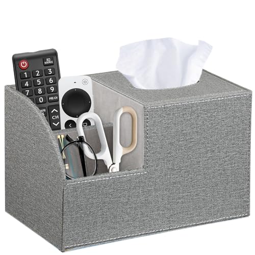 Square Tissue Box Cover with Storage, PU Leather Facial Cube Tissue Holder | TV Remote Control Holder, Desk Accessories Nightstand Organizer, Modern Table Caddy for Bathroom, Bedroom, Home, Office Decor - color: Gray