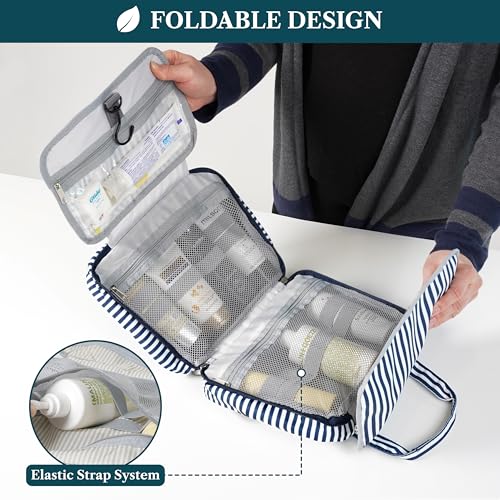 PAVILIA Hanging Toiletry Bag for Women Men, Makeup Organizer, Stripe Navy - color: Navy Stripe