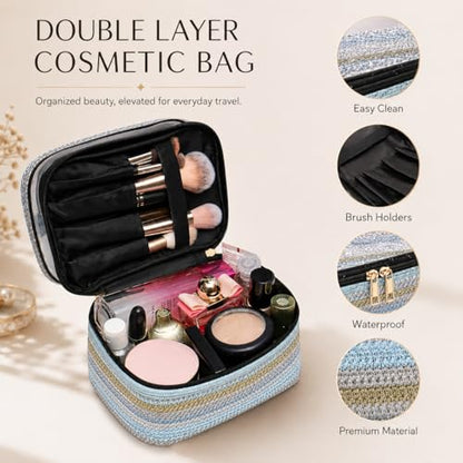 Woven Faux Leather Travel Makeup Bag for Women, Cosmetic Organizer with Clear PVC Top, Large Capacity Toiletry Bag (Blue) - color: 03-Blue