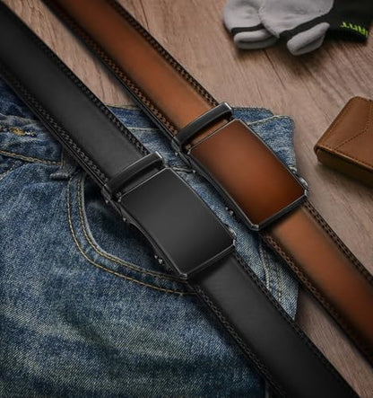 KEMISANT Men's Ratchet Leather Belt 2Pack-Trimmable 1 3/8“-Gift Boxed - color: 2pack-black/Light Brown6336, size: 32"-38"Waist Adjustable