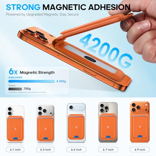 SHIELDON Genuine Leather for MagSafe Wallet Stand, 6 Card Holders, Orange - color: Orange