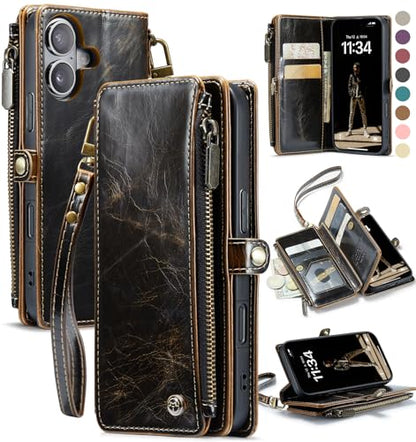 Defencase for iPhone 16 Wallet Case with RFID Blocking Card Holder, Coffee | Durable Soft PU Leather, with Zipper Pocket, Wrist Strap, Fashion Snap Flip Phone Cases Cover with Stand for Women and Men - color: Coffee