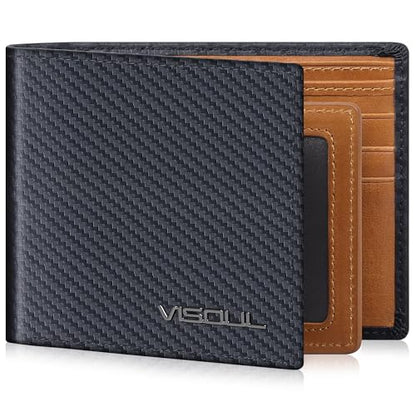 VISOUL Mens Carbon Fiber Leather Bifold Wallet with 2 ID Windows, RFID Blocking Stylish Wallet for Men with 2 Cash Compartments (Black+Yellow) - color: Black+Yellow