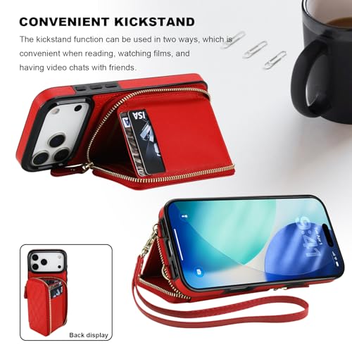 Bocasal Crossbody Wallet Case Card Holder for iPhone 17 Pro Max Red | RFID Blocking PU Leather Zipper Handbag Purse, Kickstand Flip Folio Case with Card Slots Holder Wrist Strap Lanyard 6.9 Inch - color: Red