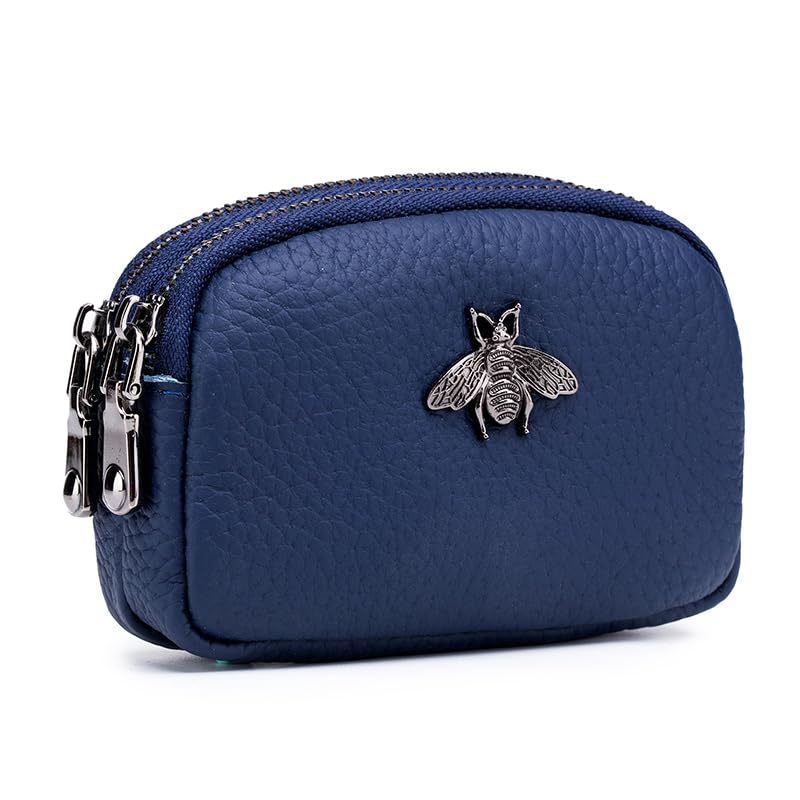 Genuine Leather Coin Purse for Women Small Double Zipper Wallet Mini Change Pouch with Bee Charm for Cash Cards Keys Cute Compact Organizer (Royal Blue) - color: Royal Blue
