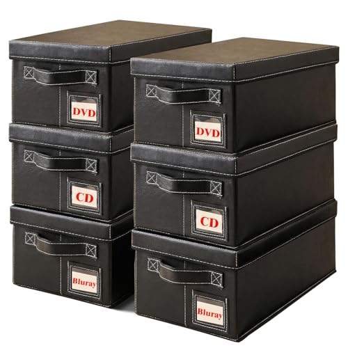 DVD Storage Box 6 Pack, PU Leather DVD Organizer Stackable, Holds 156 DVDs, Disc Organizer for Blu ray CD Video Game, Home Entertainment Media Holder - size: 6 Boxes