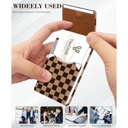 2Pack Leather Stainless Steel Business Card Holder, Metal Slim Business Card Case for Women or Men, Pocket Business Card Carrier with Prints, Magnetic Closure, RFID Blocking - color: Plaid-Brown