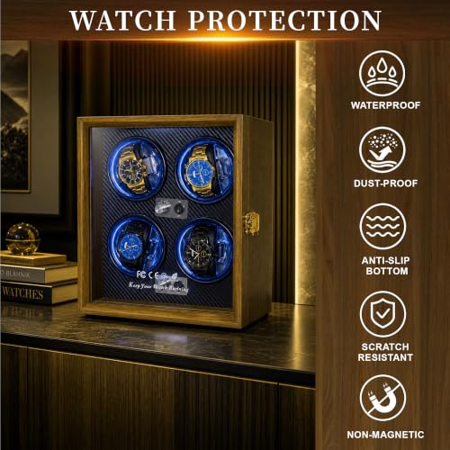 Watch Winder for Automatic Watches, Walnut 4 Slots Winding Watch Box with Japanese Quiet Motor & Blue LED for Rolex and Auto Watches, Wooden Rotating Watch Case Used for Storage, Display & Gift - size: 4 slots