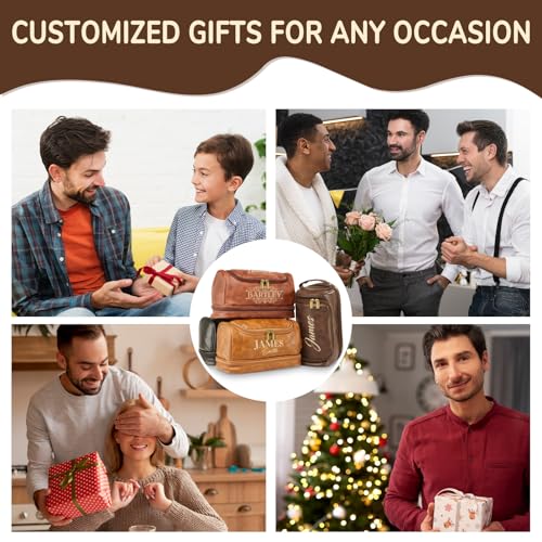 Personalized Toiletry Bag for Men - Custom Large Leather Dopp Kit with Engraved Name & Text, Personalized Gift for Groomsmen, Husband, Dad, Boyfriend, Birthday Gifts for Men - color: Brown
