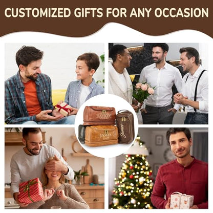 Personalized Toiletry Bag for Men - Custom Large Leather Dopp Kit with Engraved Name & Text, Personalized Gift for Groomsmen, Husband, Dad, Boyfriend, Birthday Gifts for Men - color: Brown
