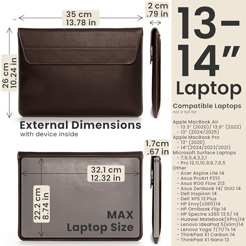 Genuine Leather Laptop Sleeve 13-14 Inch, Padded Full Grain Leather Case with Built-in Stand - Dark Brown, Compatible with MacBook Air, MacBook Pro, Dell, HP, Lenovo - color: Dark Brown, size: For 13” - 14” Laptops
