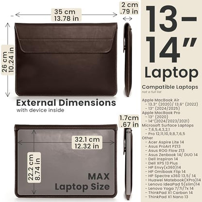 Genuine Leather Laptop Sleeve 13-14 Inch, Padded Full Grain Leather Case with Built-in Stand - Dark Brown, Compatible with MacBook Air, MacBook Pro, Dell, HP, Lenovo - color: Dark Brown, size: For 13” - 14” Laptops