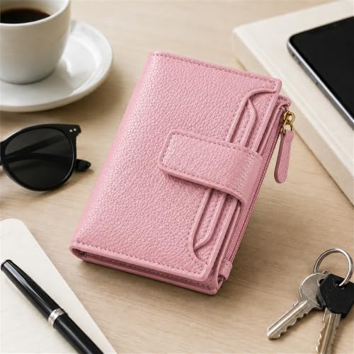 Small Wallet for Women, Compact Bifold Card Holder | Zipper Coin Pocket, 10 Card Slots, ID Window, Snap Closure, Slim Mini Wallet for Purse and Travel - color: Pink