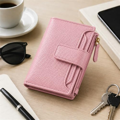 Small Wallet for Women, Compact Bifold Card Holder | Zipper Coin Pocket, 10 Card Slots, ID Window, Snap Closure, Slim Mini Wallet for Purse and Travel - color: Pink