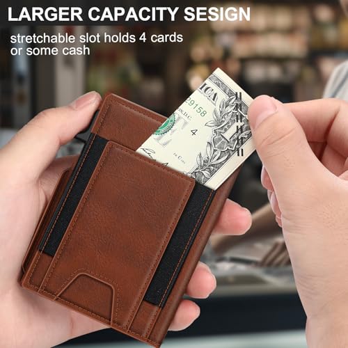 Wallet for Men Wallet with Slim Pop Up Card Holder 9-13 Cards, Bifold Minimalist Smart Wallet RFID Blocking Credit Card Holder with ID Window & Stretchable Cash Slot Compact Metal Aluminum Card Case - color: Brick-Red