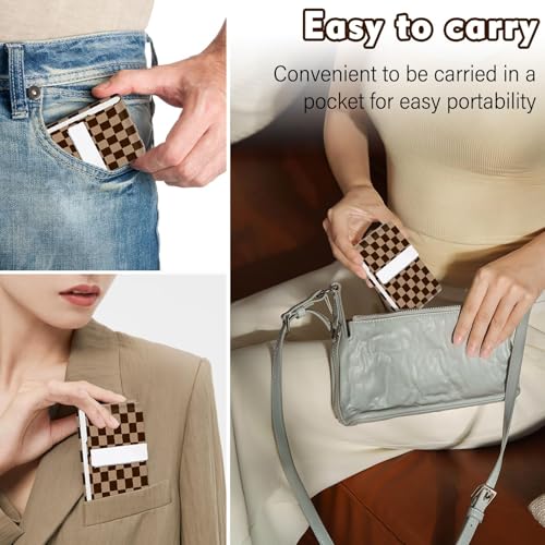 2Pack Leather Stainless Steel Business Card Holder, Metal Slim Business Card Case for Women or Men, Pocket Business Card Carrier with Prints, Magnetic Closure, RFID Blocking - color: Plaid-Brown