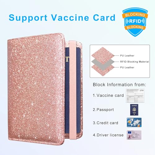 ACdream Unisex Faux Leather Passport and Vaccine Card Holder, Glitter Rose, RFID Blocking, Protects Valuable Information - color: *Glitter Rose, style: Passport Holder - Elastic Band Closure