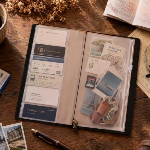 Leather Journal Travelers Notebook - 8.6 x 4.7 Inches Standard TN, Refillable Travel Journal with 3 Inserts, Zipper Pocket, Pen Holder, Binder Clip, Leather Notebook for Travel, Students, Office, Black - color: TNS-Black
