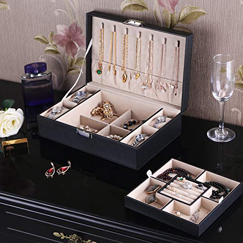 BEWISHOME Mens Jewelry Box, Jewelry Organizer with 4 Watch Case | Removable Tray, Jewelry Storage Case for Necklace, Earring Ring Bracelet, PU Leather, Velvet Lining Black SSH07B - color: Black+Beige