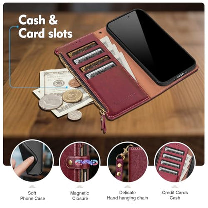 Compatible with iPhone 17e / 16e Wallet Case with Card Holder RFID Blocking Zipper Poket PU Leather Flip Phone Case with Wrist Strap Credit Card Slots Men Women,Wine Red - color: Wine Red