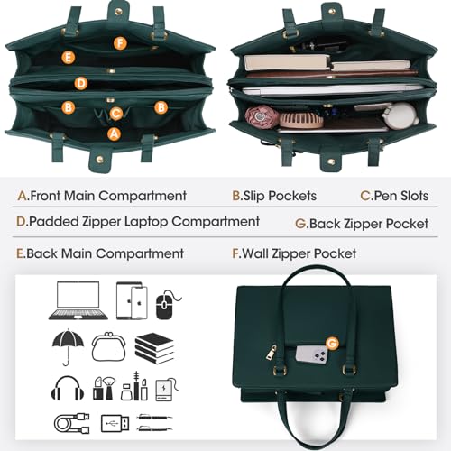 NUBILY Laptop Bag for Women 15.6 inch Leather Work Tote Bag | Waterproof Computer Bag with Bow Large Briefcase with Multi-Pockets Handbag Purse for Business Office Commuting Dark Green - color: Dark Green