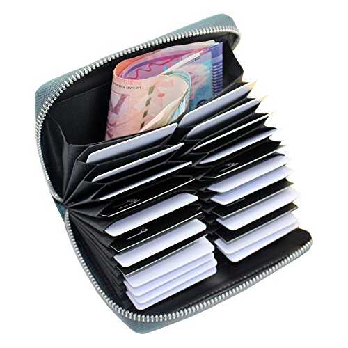 boshiho RFID Blocking 24 Slot Credit Card Holder Wallet Real Leather Multi Card Organizer Wallet with Zipper - color: Blue