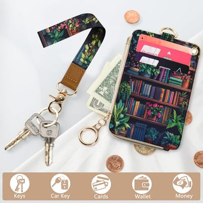 bolimoss Bookshelf Lanyard Wallet with Id Badge Holder Small Wristlet Keychain Wallet for Women RFID Cute Credit Card Holder with Breakaway Phone Wrist Neck Strap for Teacher Student Nurse Office - color: Flower Bookself