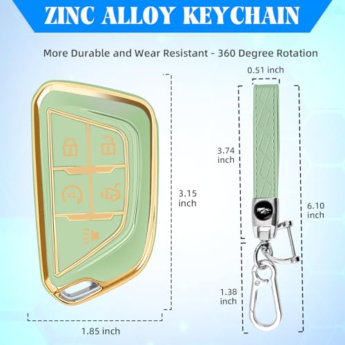 QBUC for Cadillac Key Fob Cover with Leather Keychain (Gold Trim Green) | Soft TPU Protection Case Compatible with 2020-2026 Cadillac Escalade Lyriq Optiq 5-Buttons - color: Gold/Green, size: 5-Buttons