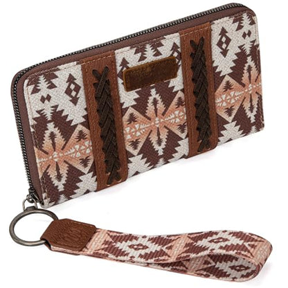 Wrangler Wallet Purse for Women Western Aztec Clutch Wristlet Wallet with Credit Card Holder - color: Light Coffee