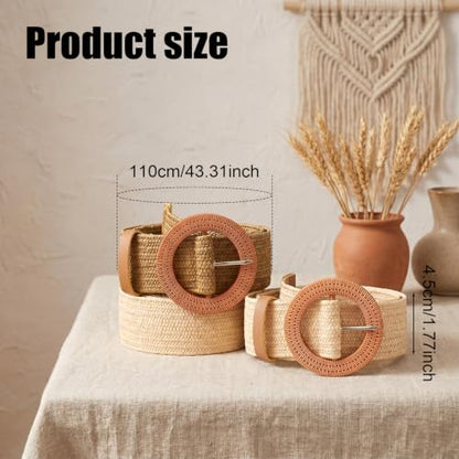 Amaxiu 2 Pack Straw Woven Elastic Belt, Woven Belt for Women Dresses | Braided Waist, Wide Boho Rattan Waist Belt with Stretch Beige Brown