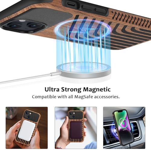 Magnetic Case Compatible with iPhone 13 Case [Compatible with MagSafe] Wood and Leather Carbon Fiber Design Hybrid Shockproof Phone Case 6.1" (Wood and Leather) - color: Wood Leather, size: iPhone 13