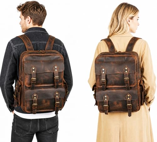 HandadsumeGenuine Crazy Horse Leather Large Travel Back-pack Rucksack Laptop Bag For Men 1965 (1965 Dark Brown 2) - color: 1965 Dark Brown 2