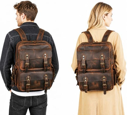 HandadsumeGenuine Crazy Horse Leather Large Travel Back-pack Rucksack Laptop Bag For Men 1965 (1965 Dark Brown 2) - color: 1965 Dark Brown 2