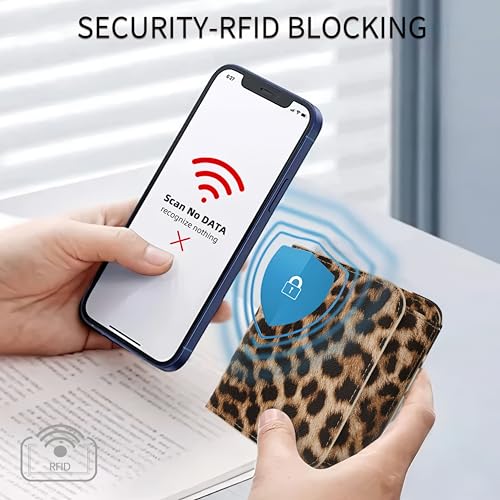 Women Small Wallet RFID Blocking Slim Wallet with Coin Pocket Tri-Fold Credit Card Holder with ID Window and Keychain (Leopard) - color: Leopard