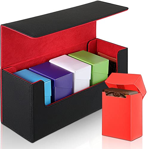 Silkfly 6 Pieces Deck Card Storage Box, 1 Leather Deck Case with 5 Plastic Card Boxes Playing Cards Box Compatible with Mtg Tcg Commander Card(Black and Red) - color: Black and Red