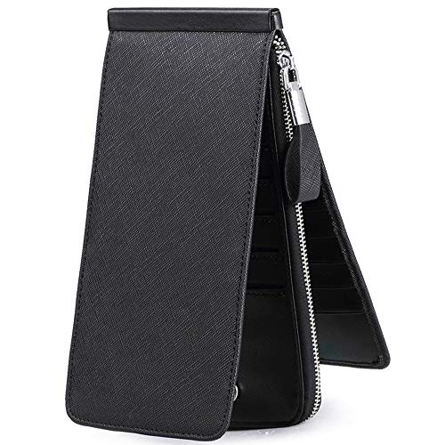 Women's Genuine Leather Credit Card Holder RFID Long Zipper Purse Wallet - color: Black