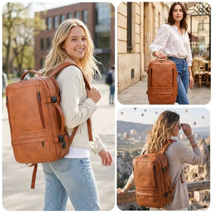 Travel Backpack Women, PU Leather Carry On Backpack Flight Approved, Brown - color: Brown