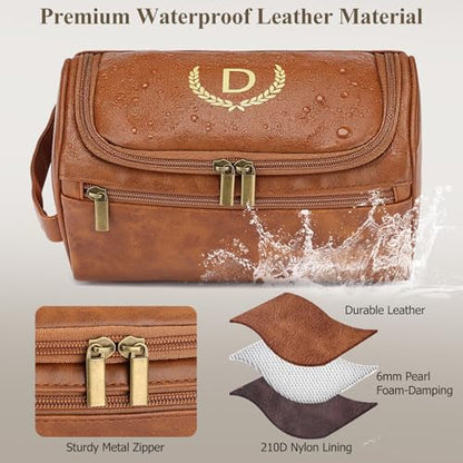 OXYEFEI Personalized Toiletry Bag for Men,Personalized Gifts for Men,Engraved Initial PU Leather Mens Toiletry Travel Shaving Travel Essentials Toiletries Bag for Him Birthday (S, Light Brown) - color: Light Brown, style: S