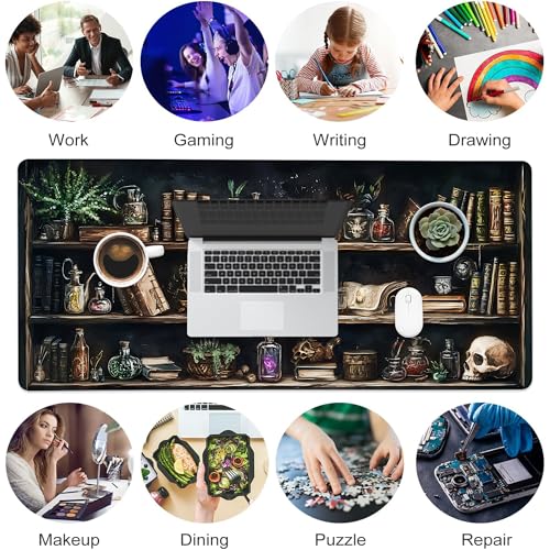 Desk Pad, Black Academia Fantasy Bookshelf Goth Skull XL Gaming Mouse Pad with Stitched Edges,Non-Slip Waterproof Rubber Base Large Desk Mat for Keyboard and Mouse 31.5"x11.8" - color: Colour12, size: X-Large