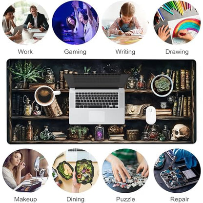 Desk Pad, Black Academia Fantasy Bookshelf Goth Skull XL Gaming Mouse Pad with Stitched Edges,Non-Slip Waterproof Rubber Base Large Desk Mat for Keyboard and Mouse 31.5"x11.8" - color: Colour12, size: X-Large