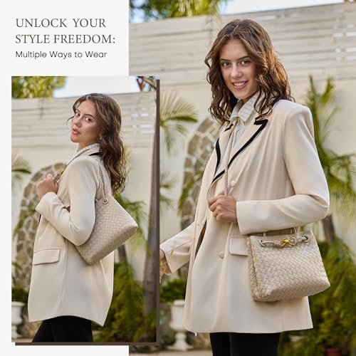 Woven Tote Bag for Women Leather Shoulder Handbag Designer Top Handle Purses - color: Sand Color
