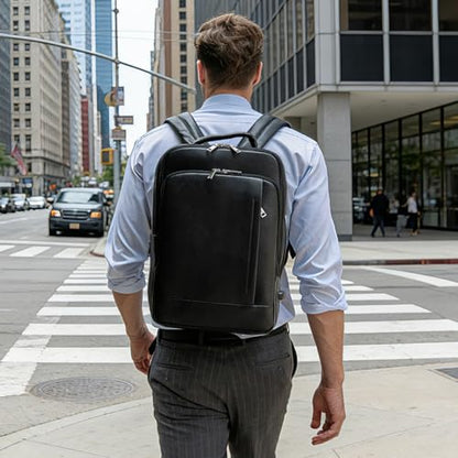 TIDING Men's Expandable Leather 15.6" Laptop Backpack for Commute Business | TSA Friendly Weekend Travel Daypack with Luggage Sleeve, Water Bottle Holder ﻿ - color: Black
