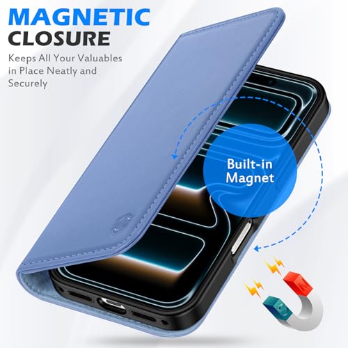 SHIELDON Real Leather Case Wallet for iPhone 17 Pro Max, Wisteria Purple | Folio Magnetic Closure, RFID Blocking, Credit Card Holder, Kickstand, Shock Absorbing Protective Cover for Men Women - color: Wisteria Purple